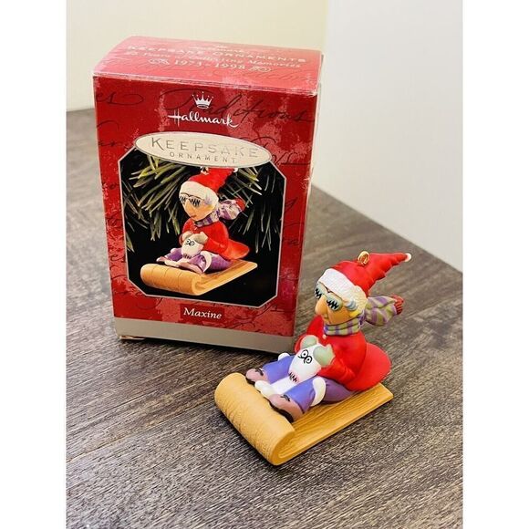 Hallmark Keepsake Christmas Ornament "Maxine" Toboggan Sledding w/Dog Floyd 1998 - Picture 1 of 7
